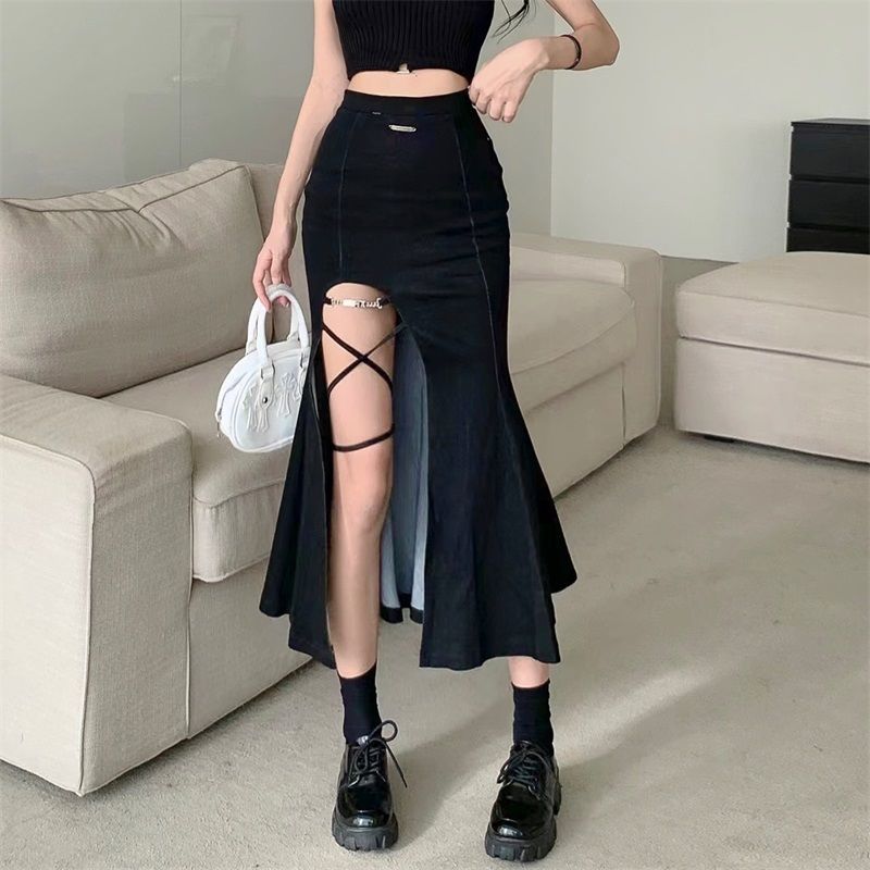 Side Slit Long Black Skirt Women Simple All Match High Waist Bag Hip Skirts Womens Korean Fashion Females Casual Vintage
