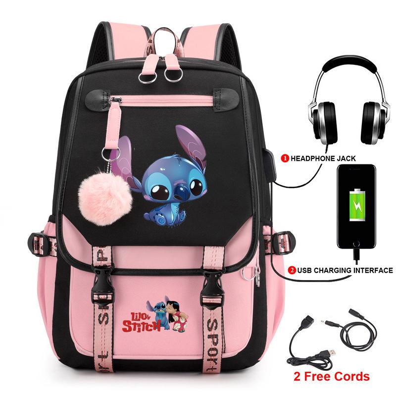 Stitch Backpack for Students Cute Cartoon Laptop Bag with USB Port Fashion Style