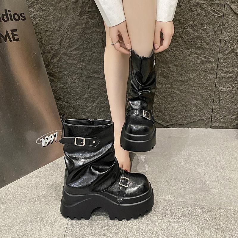 Модные женские кожаные ботинки Новые зимние мотоботы 9,5 см клиновидный каблук Высокая платформа Массивная обувь Женские осенние Толстая подошва Панк ботинки