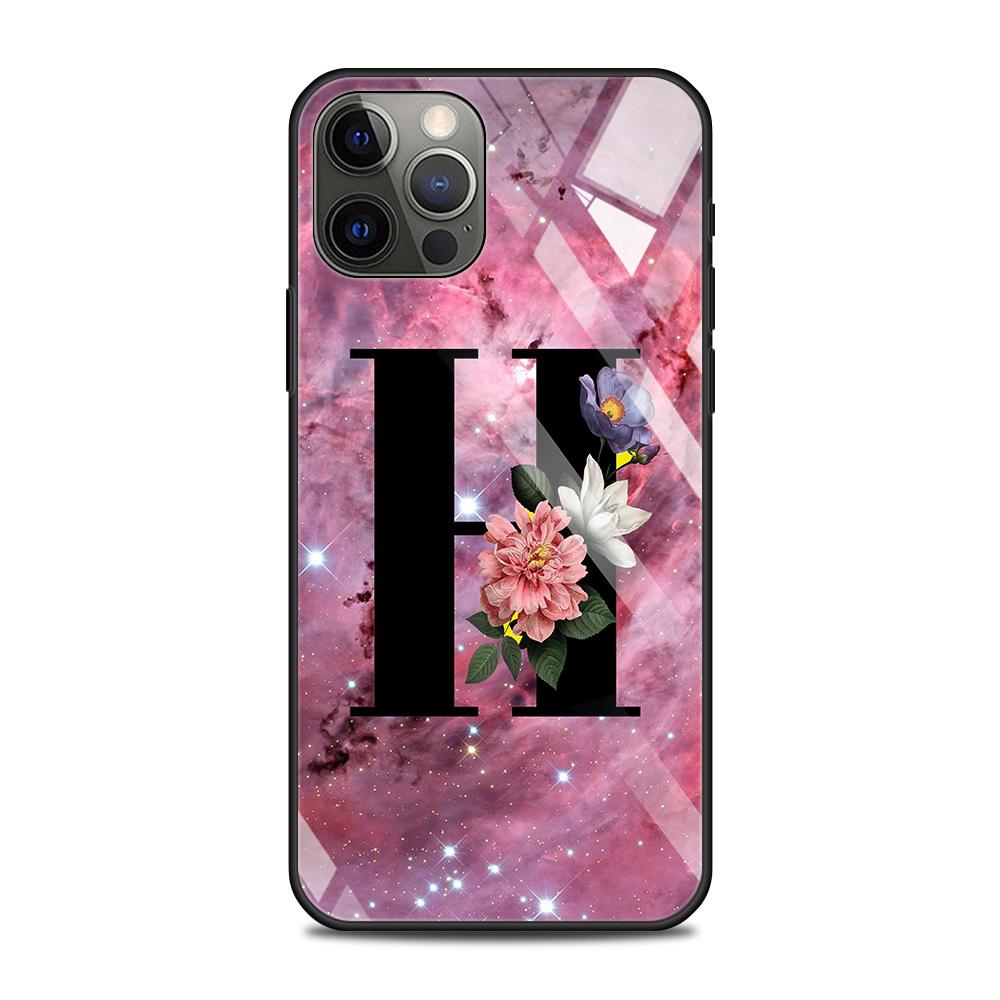 Чехол из закаленного стекла для iPhone 14 12 11 Pro Max 13 12 Mini X XR XS Max 8 7 6s Plus силиконовый чехол с надписью AB цветы розовый
