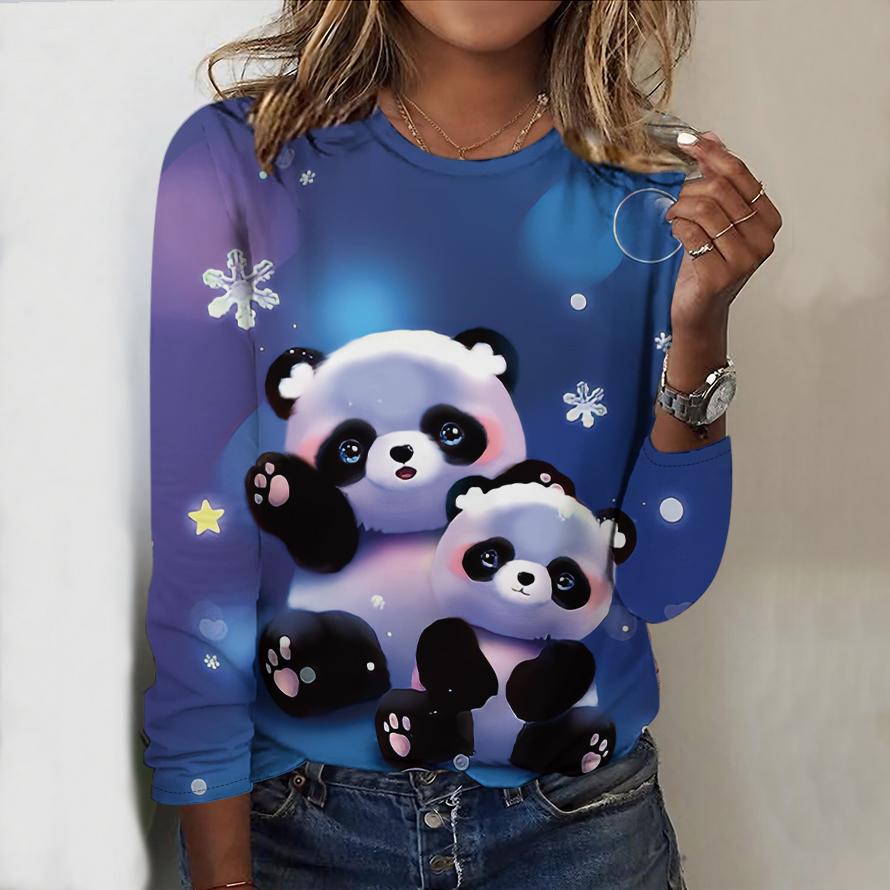 Tops For Women Cute Panda Print Round Neck Long Sleeve T-shirt Fall Casual Slim Pullover Women's Long Sleeve Top