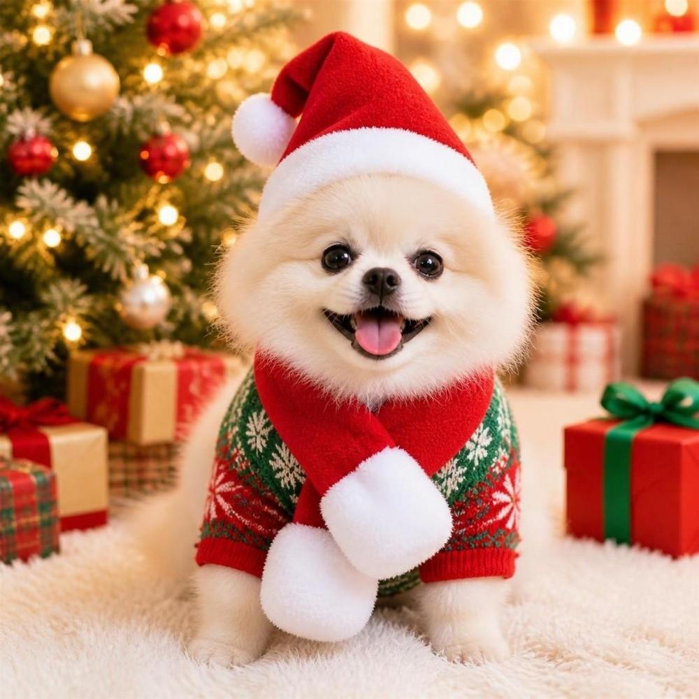 2Pcs/Set Warm Dog Scarf Collar Christmas Cat Scarf Hat Cozy Dog Bandana Scarf for Small Dogs