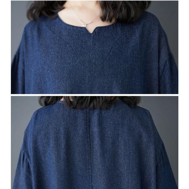 Dimanaf Женское 2025 Новое Весеннее Платье Большого Размера Джинсовое Длинное Рукавное Синее Платье Свободные Базовые Платья Винтаж