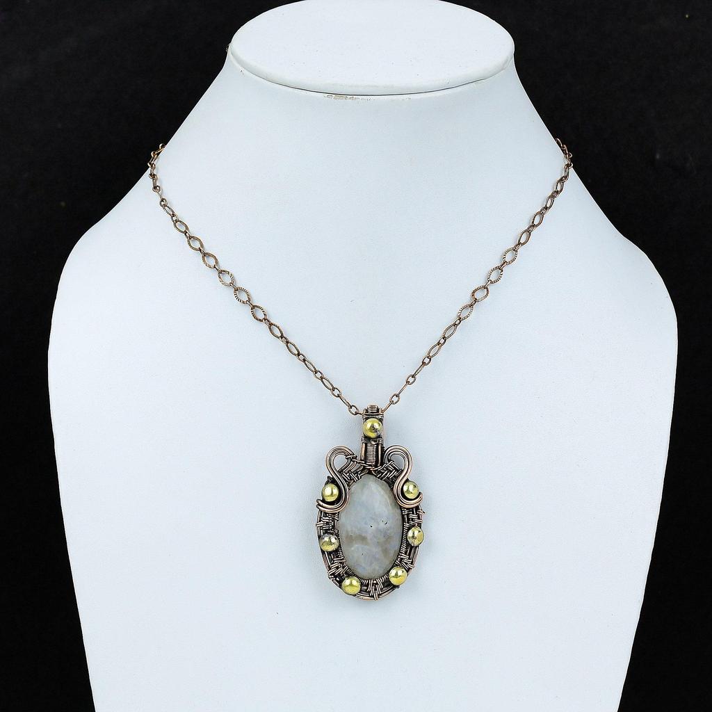 Лунный камень Драгоценный камень Чистая медная проволока Обернутая ювелирная подвеска ручной работы