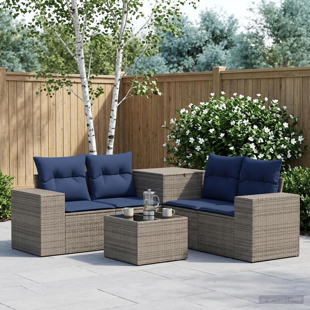 Sofa Set 6 Pieces Gray and Navy Blue Poly Rattan and Steel