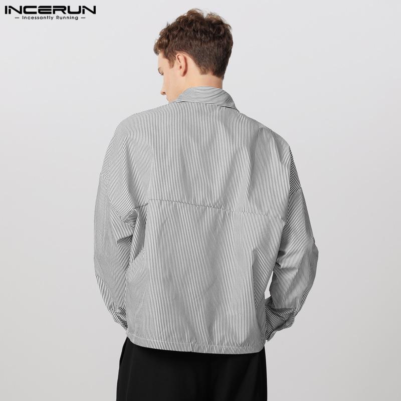 INCERUN Мужские рубашки с лацканами, длинными рукавами, в полоску, повседневные, на пуговицах