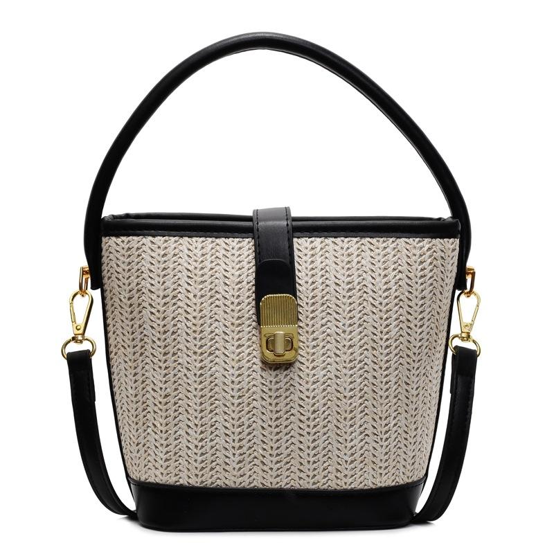 Korean Ins Casual Straw PU Hand-carried Bucket Bag Women's 2025 New Fashion Versatile Commuter Temperament Messenger Bag