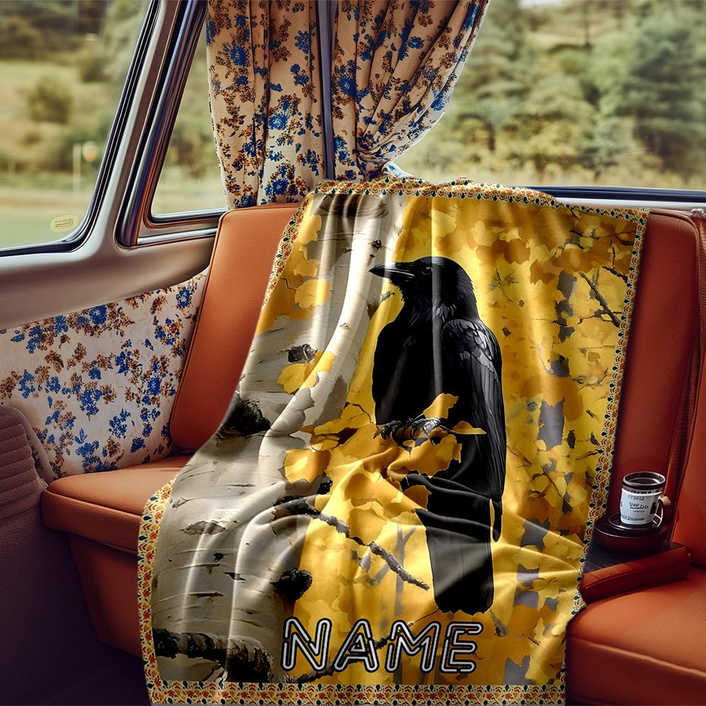 Autumn Crow Perched On Birch Tree With Golden Leaves Blanketcustomize Your Name Lightweight Comfortable And Stylish Blanket For Travel Bed Home Chair