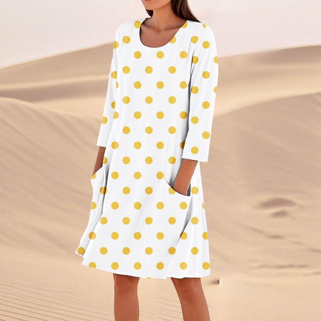Женское однотонное модное свободное повседневное платье с рукавом три четверти Женское модное свободное повседневное платье с принтом в горошек и рукавом три четверти