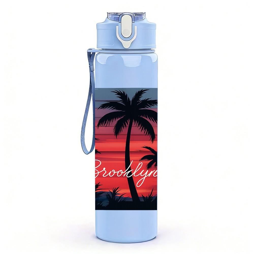 1PC Sunset Palm Tree Tropical Print 750ml Color Plastic Sports Water Bottle Leakproof Flip Straw Lid Suitable for Sports Office Home Use