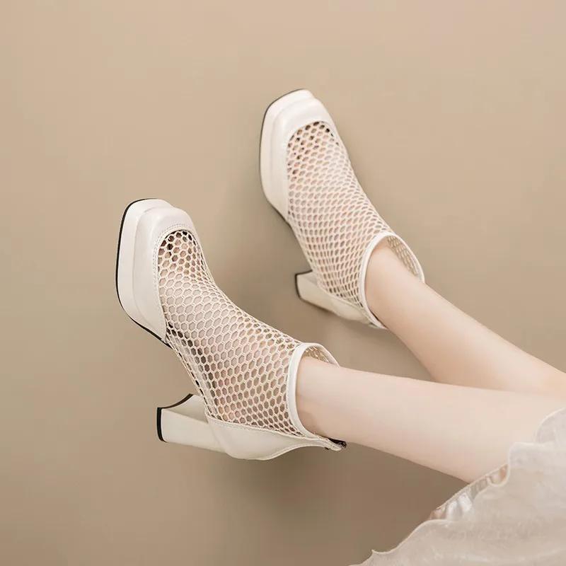 Крутые ботильоны на высоком каблуке, летний новый стиль, круглый носок, сетчатые, дышащие, задняя молния, водонепроницаемые, на платформе, нескользящие, ботильоны