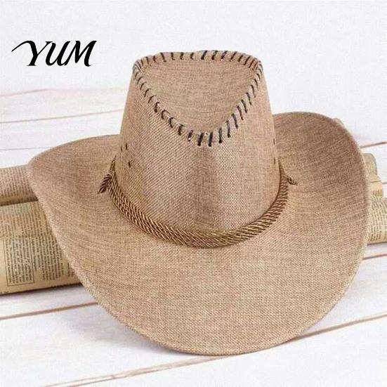 Outdoor UV Protection Hat Western Cowboy with Windbreak Rope for Men, Wide Brim Linen Sun Foldable Travel Travel, Halloween Cosplay Costume,