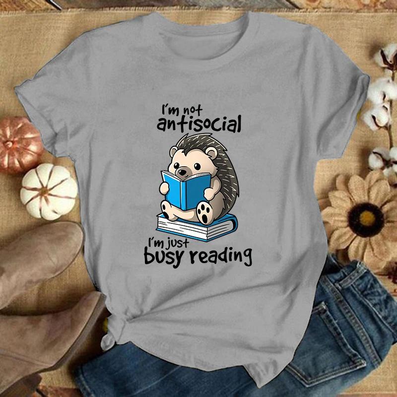 (Премиум-футболка)Футболки с принтом «Ежик, я не асоциальный, я просто занят чтением» для женщин, летние, с коротким рукавом и круглым вырезом