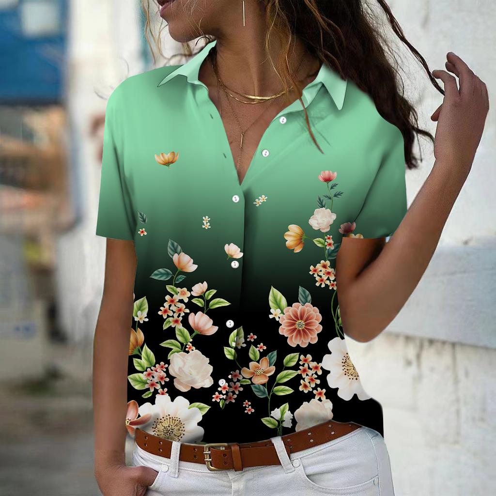Лето 2025 Новая Мода Женская Блузка с Коротким Рукавом и V-образным Вырезом на Пуговицах с Цветочным Принтом