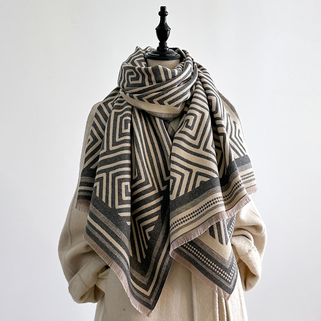 Роскошный шарф с геометрическим принтом для женщин, теплый зимний пашмина, двусторонние шарфы, шали, женский толстый плед, накидки, фуляр
