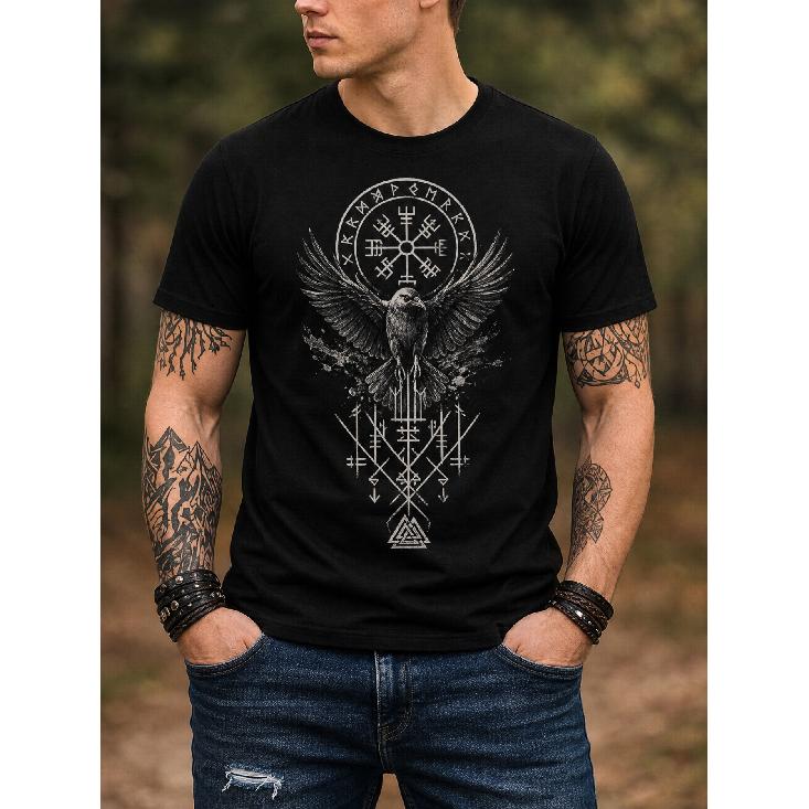 Men's black short-sleeve t-shirt with Viking raven and rune graphic, crew neck, relaxed fit, soft cotton feel, ideal for casual outdoor wear or