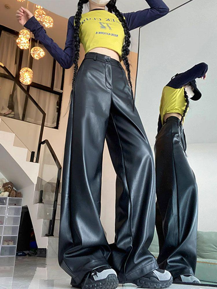 Американские ретро брюки больших размеров с высокой талией из ПУ кожи с широкими штанинами для женщин - Утягивающие повседневные весенне-осенние брюки в пол