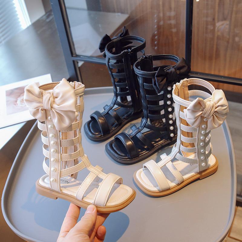 Girls Summer High Top Roman Sandals Middle and Big Kids Solid Color Side Zipper Princess Shoes