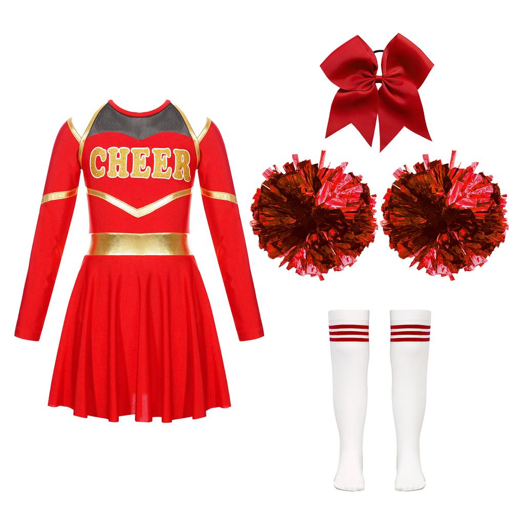 Cheer Leader Halloween Costume for Girls Long Sleeve Dress Outfit with Pom Poms for Cheerleading Dancing