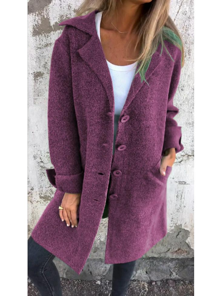 Women's Solid Color Turn-Down Collar Mid-Length Cardigan Coat with Pockets (Single-Breasted) - 2024 Autumn/Winter Collection