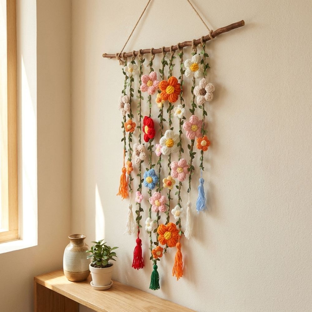Yarn Crochet Crochet Floral Vine Wall Hanging Hand Knit Flower Tapestry Bedroom Wall Art