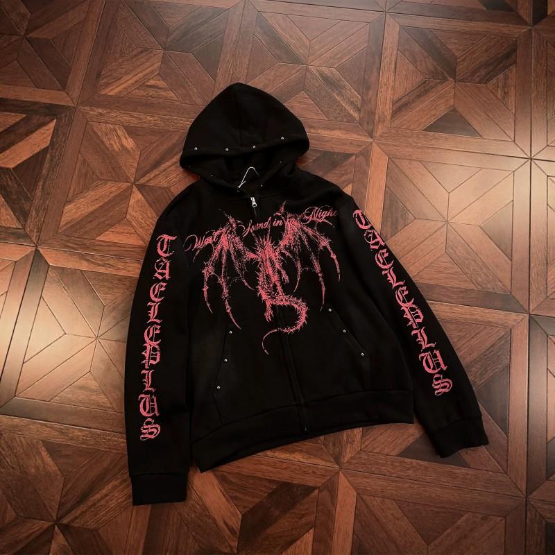 Unisex Gothic Streetwear Hooded Zip-Up Sweatshirt With Bold Letter Print Loose Fit Fall Casual Outerwear