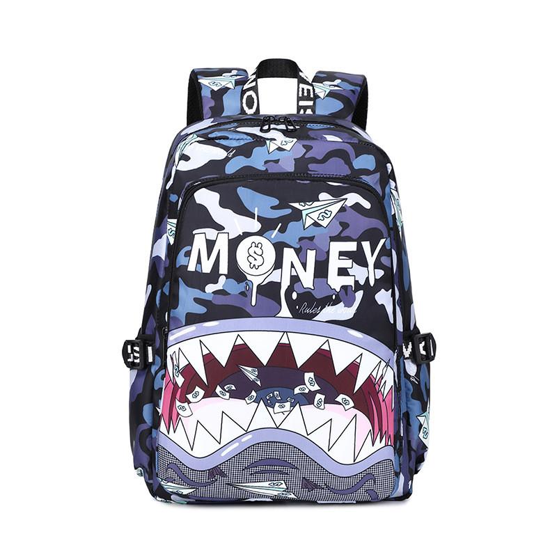Kids Waterproof Nylon Backpack With Shark Print For Elementary School Use And Daily Carry
