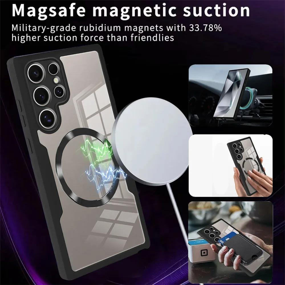 Противоударный чехол Magsafe на 360° для Samsung Galaxy S25 S24 S23 S22 S21 Ultra Plus FE Беспроводная зарядка Прозрачная крышка
