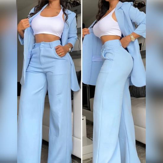 2 Pcs/Set Women Coat Pants Suit Single-breasted Turn-down Collar Long Sleeve Catdigan Jacket Wide Leg Straight High Waist Pants Lady Commute