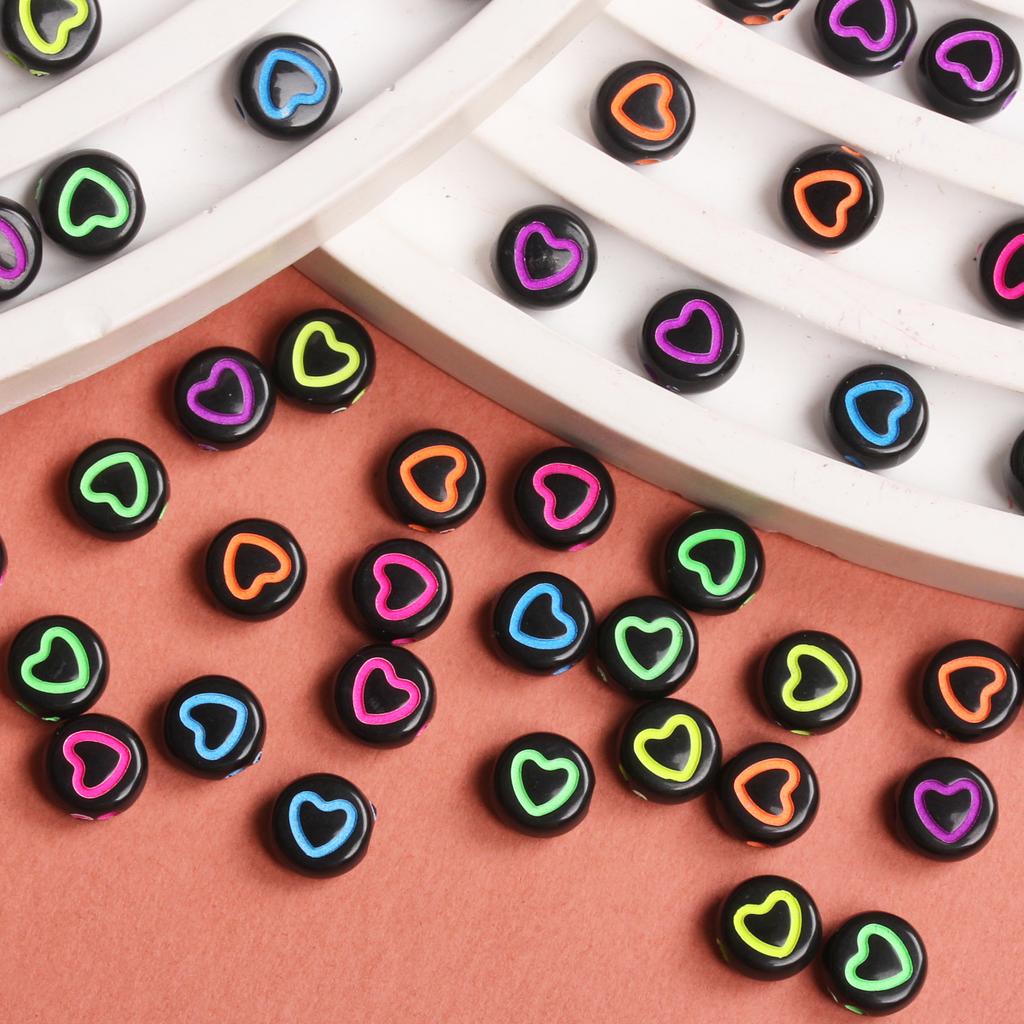 50Pcs Acrylic Keychain Loose Beads Jewelry Making Necklace 6.5mm Flat Round Bracelet DIY Materials Earrings Fashion Spacer Accessories Heart Pattern