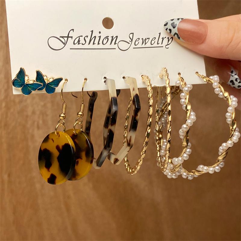 Vintage Butterfly Leopard Earring Set Star Moon For Women Girls Pearl Transparent Resin Earrings Elegant Wedding Party Jewellery