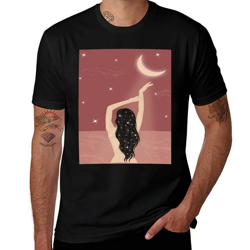 Girl With Moon In Beach Artwork Pink Art Tshirt Sun Block Outdoor Tshirt