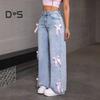 Women's Wide Leg Jeans with Bow Tie Decoration High Waisted Straight Leg Denim Pant Casual Baggy Jean Trousers