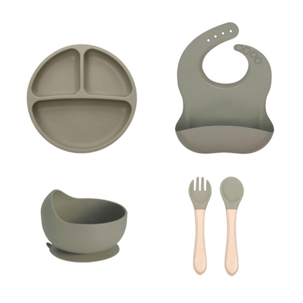 Children's silicone plate 5-piece set, baby complementary food grid plate, maternal and infant feeding tableware set (including bib, grid plate