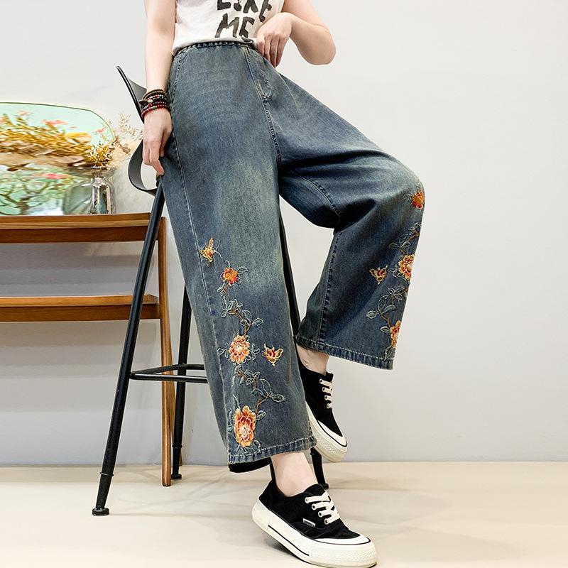 Vintage Washed Embroidered Plus Size Denim Pants Elastic High Waist Loose Straight Leg Pants Female 2025 New Autumn