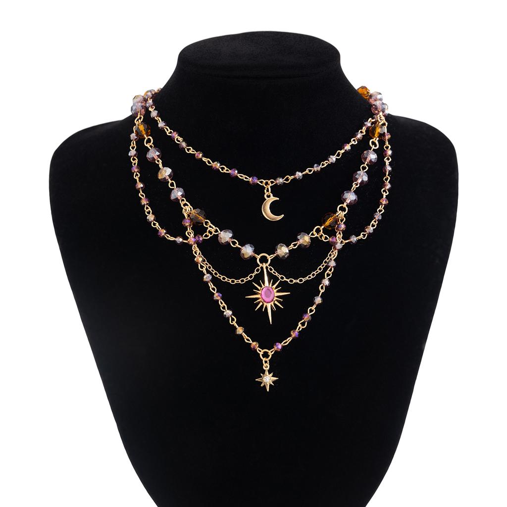 Bohemia Multilayer Imitation Crystal Acrylic Beads Necklace for Women Moon Pendant Jewelry Accessories Gift