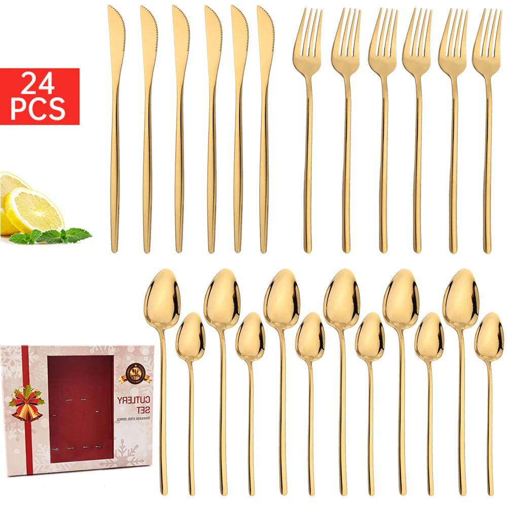 24Pcs Christmas Dinnerware Set Stainless Steel Tableware Knife Fork Dessert Spoon Flatware Black Western Kitchen Cutlery Gift