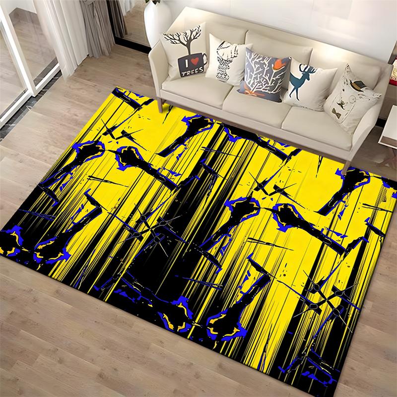 Abstract Yellow and Black Modern Area Rug with Blue Accents Suitable for use as an anti-slip for living room bedroom sofas