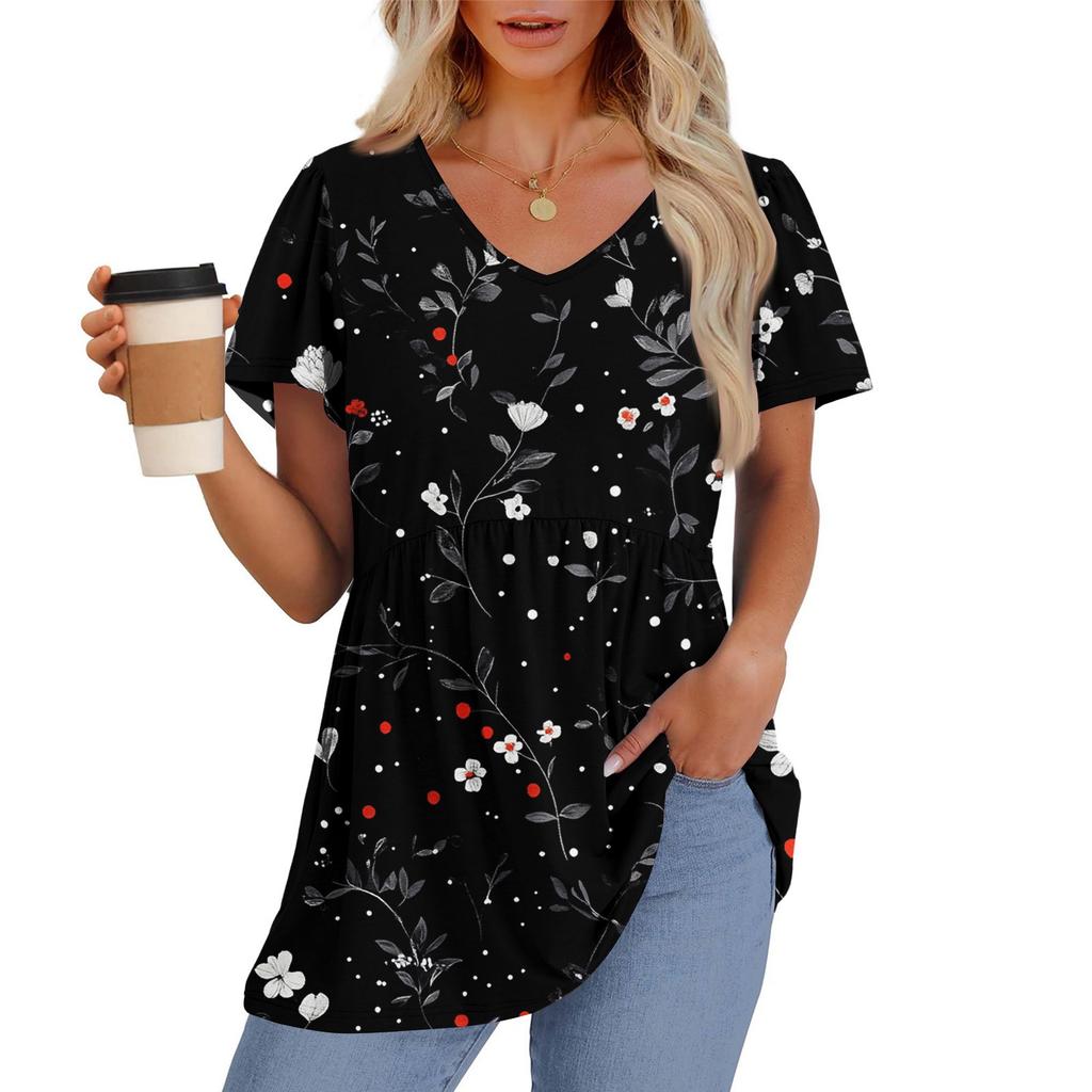 Women's Loose Casual Print V-Neck Short Sleeved T-Shirt Top Short Sleeved T-Shirt Top