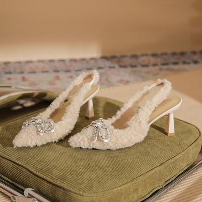 7519-2 [овчина] пушистые туфли на высоком каблуке женские тонкие каблуки 2025 новые туфли-баотоу с бантом из страз