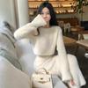 Imitation Mink Fur Knitted Sweater Skirt Sets Temperament Round Neck Short Pullover Crop Top High Waist Bodycon Skirts