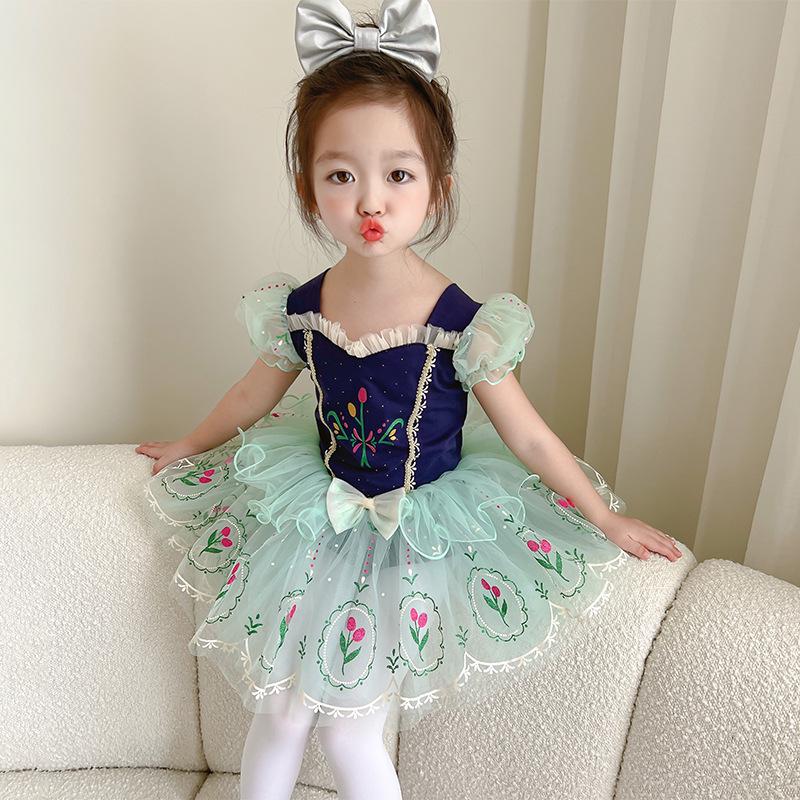 Girls' Ballet Dance Costume - Hidden Button, Open Crotch, Cross-Border Printed Mesh Dress for Performances, Princess Anna Style.