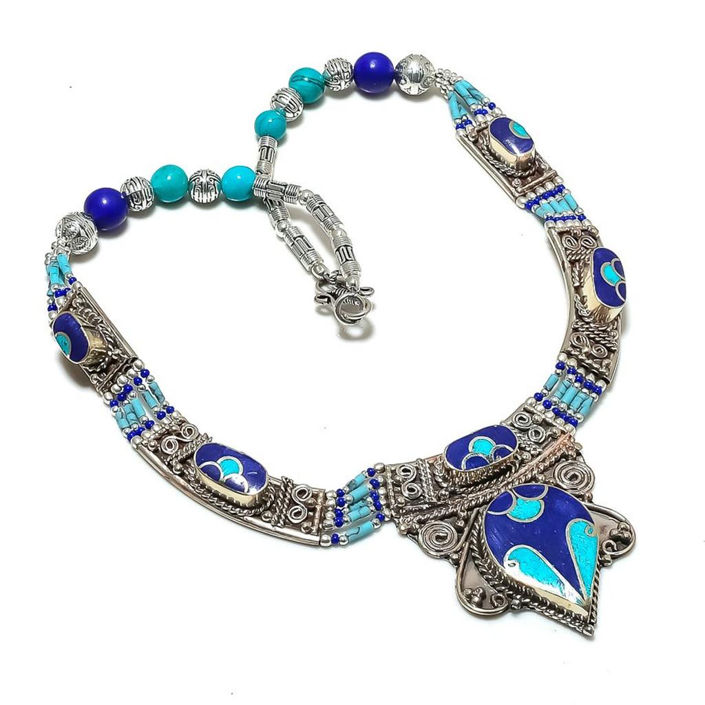 Natural Turquoise Lapis Lazuli 18" Vintage Tibetan Necklace Nepali Tribal NN 70