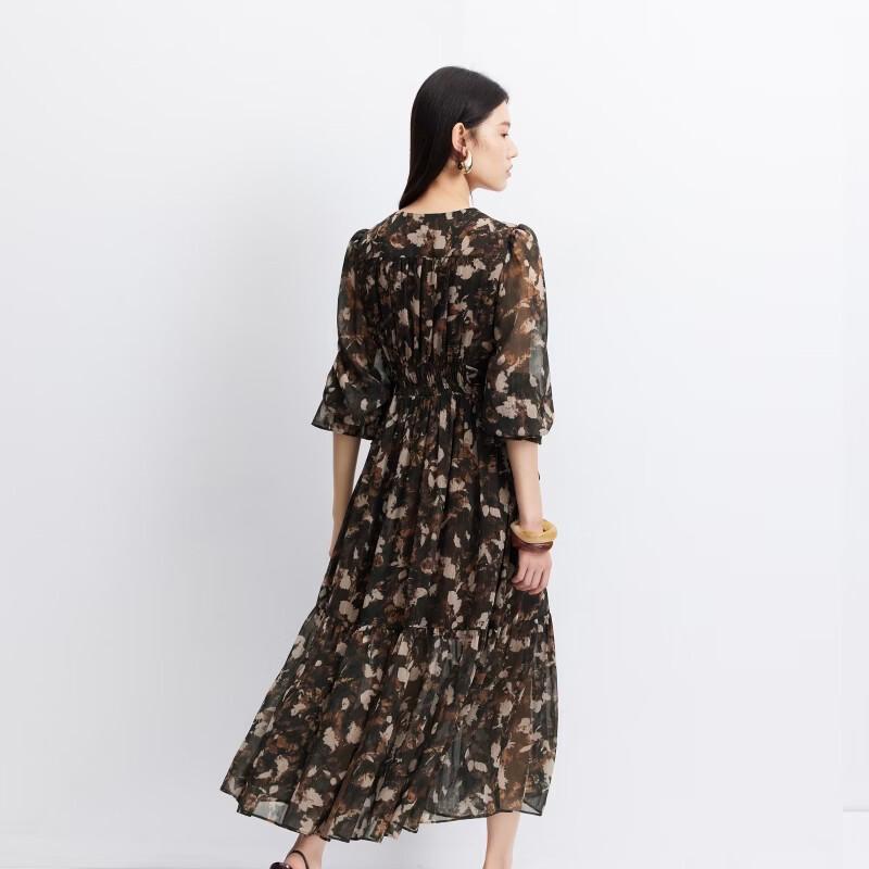 VEROMODA Autumn Shimmer Print V-Neck Ruffle Long Dress