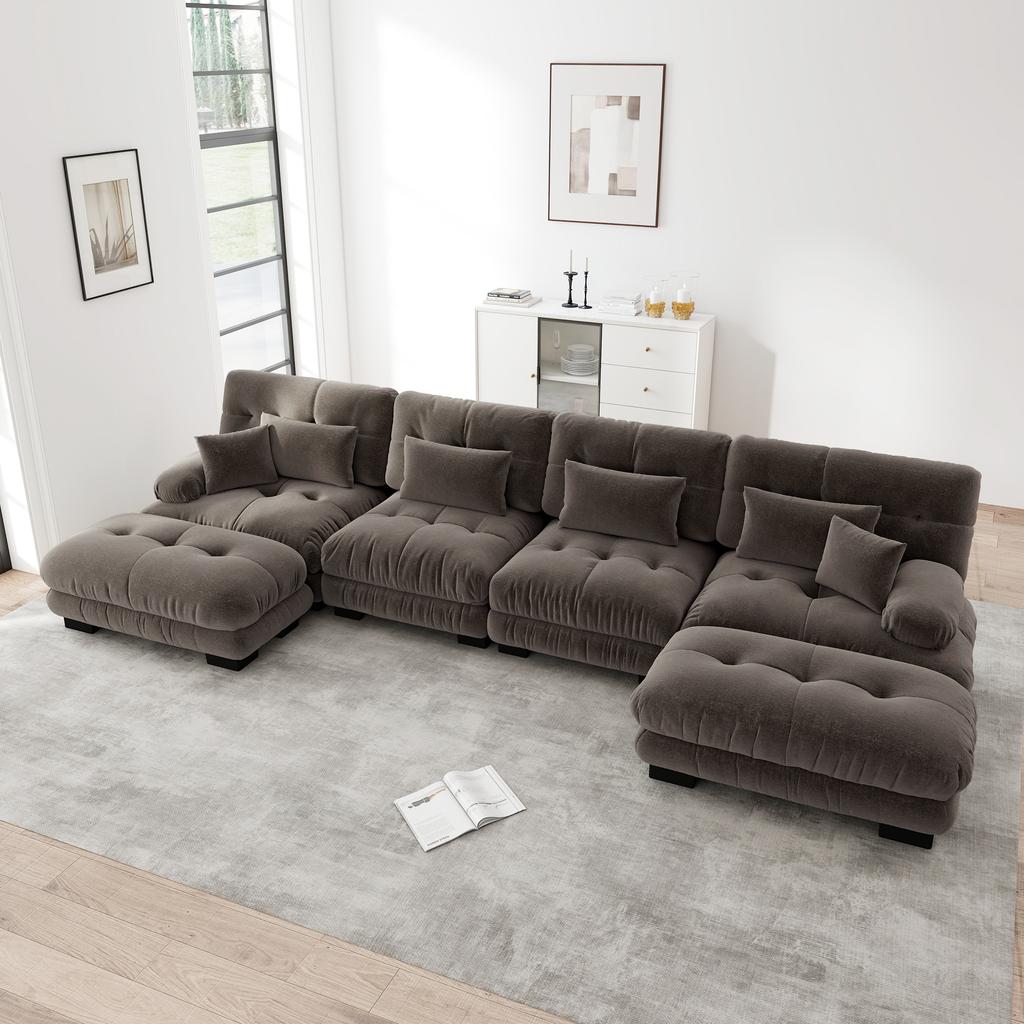 Modular Corner Sofa, U-Shaped Couch Set for Living Room, 4-Seater Comfortable Cloud Couches with Movable Ottoman, DIY Combination, Chenille, Brown