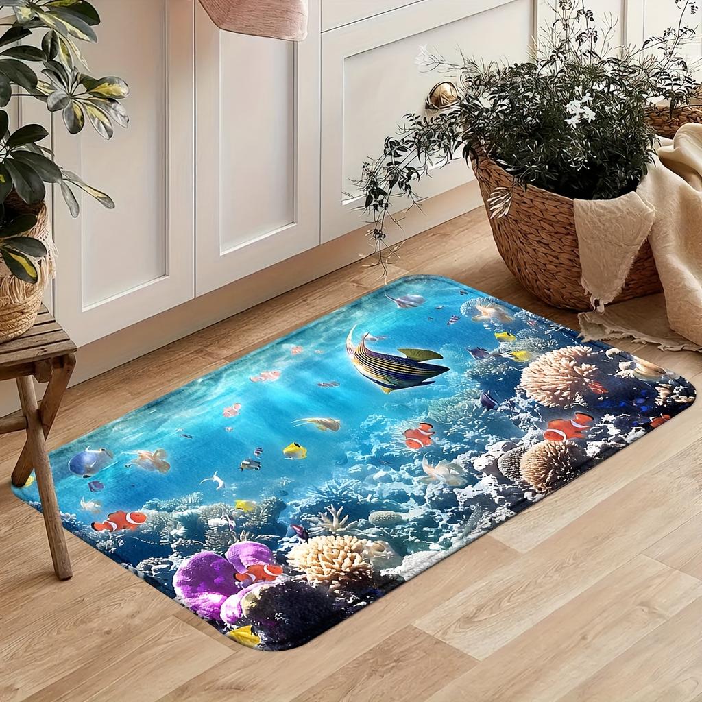 1Pcs Deep Sea Marine LifePattern Floor Mat Modern Kitchen Polyester Rug Non-Slip Colorful Indoor Carpet, For Home Bathroom Bedroom Living Room Decor