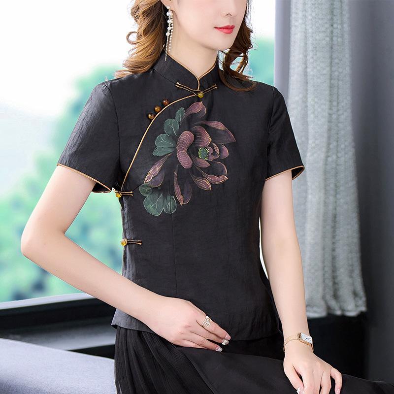 Шелковая рубашка Xiangyunsha с короткими рукавами, женская летняя одежда, новая рубашка на пуговицах в китайском стиле, шелковый топ для мам из тутового шелкопряда