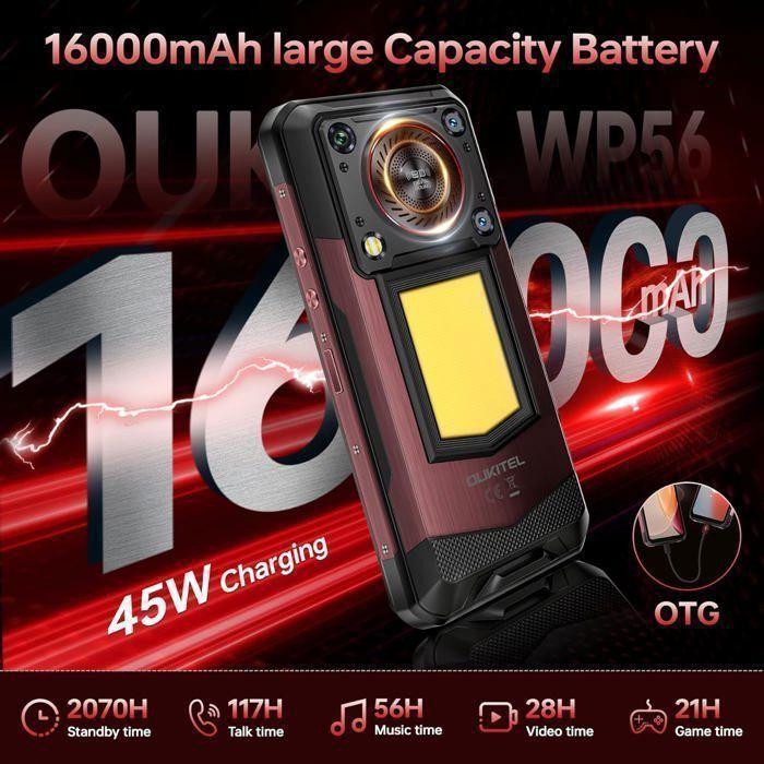 Smartphone Robuste 5G OUKITEL WP56 32GO+512GO 6.8” 16000mAh Telephone Portable Incassable Double SIM/108MP/GPS/NFC/128dB Rouge