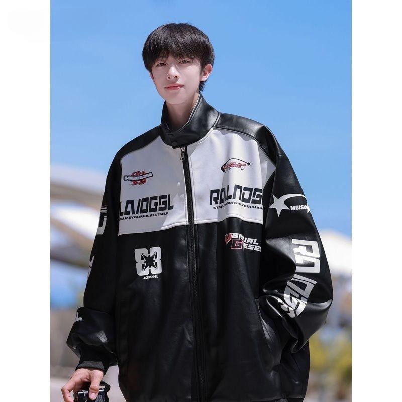 Autumn American Color Blocked Motorcycle Suit Leather Jacket Men's Trendy Spring and Autumn Versatile Loose and Handsome Jacket