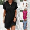 Summer Mini Dress Short Sleeves V Neck Loose Pure Color Dress Bohemian